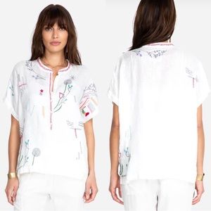 Johnny Was Shiv Embroidered Linen Short Sleeve Top